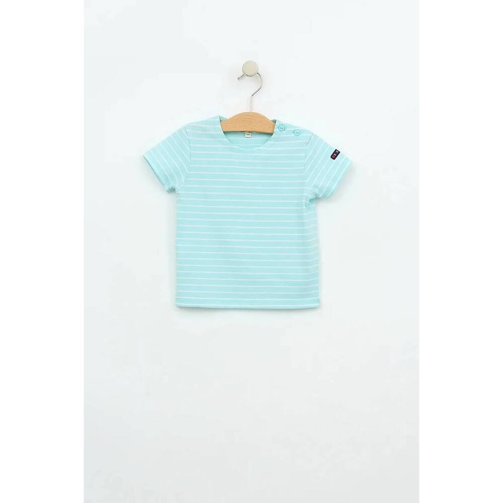 NEW BATELA baby's short sleeve nautical striped shirt in aqua with white
